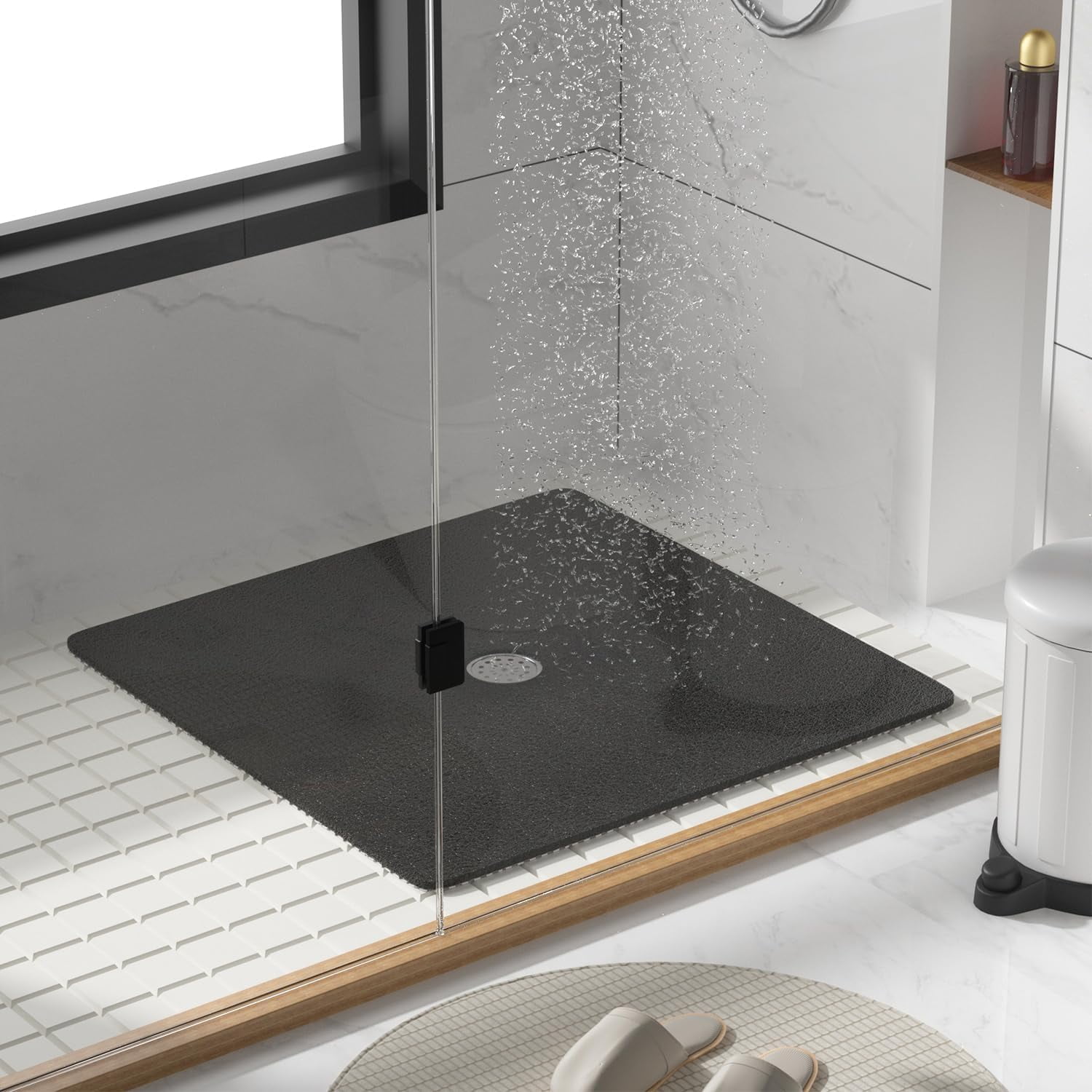 Square Shower Mat  27 X 27 Inch Non Slip Bath For Tub Soft Pvc Loofah Bathtub Mats With Drain Holes Quick Drying Bathroom Stall Floor Accessories Without Suction Cup Black