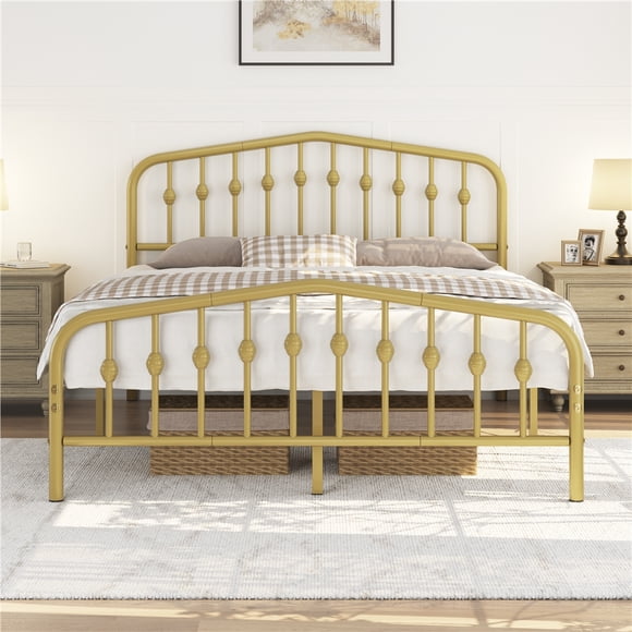 FullFurnique Modern Metal Bed Frame with Arched Headboard and Footboard, Queen, Antique Gold