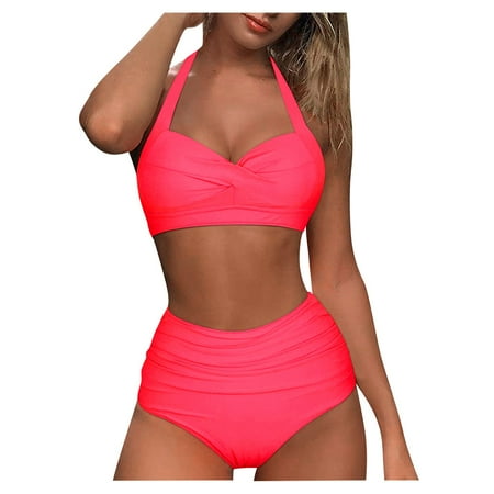 Wxirdiow Women Two Piece Vintage Swimsuit Retro Halter Ruched High Waist Bikini with Bottom (Hot Pink  L)