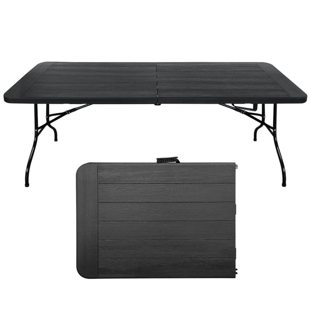 Wood Grain Folding Table, Portable Plastic Table, Suitable For Camping, Picnic, Party, High Load Folding Table,Black