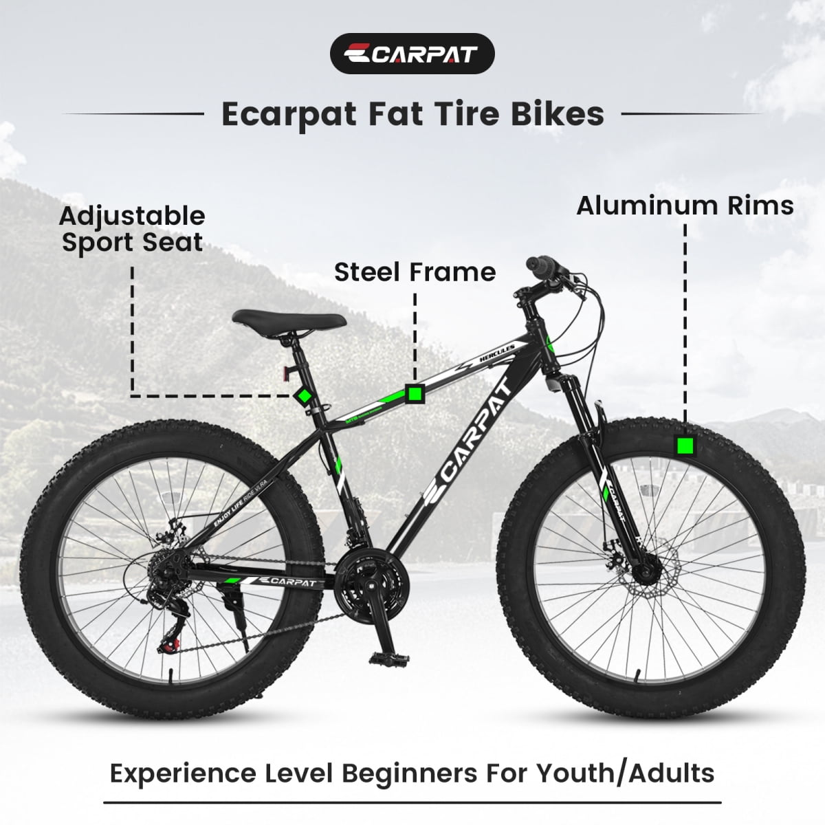 LuckyNote 26 Inch Fat Tire Bike for Adults, Full Shimano 21 Speed Mountain Bike with Dual Disc Brake, High-Carbon Steel Frame, Front Suspension, Black