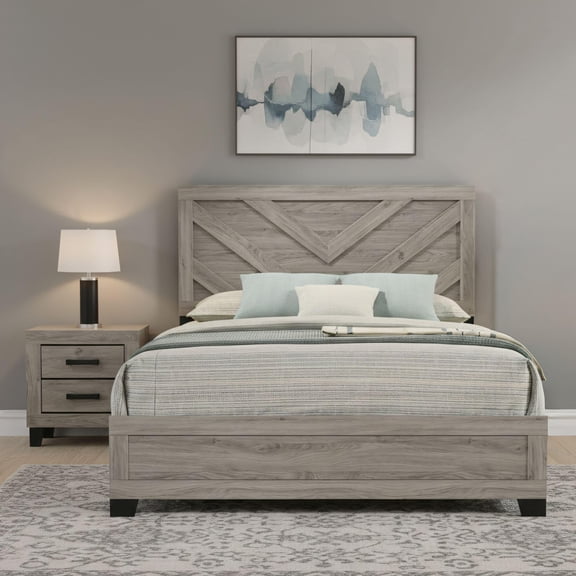 Kings Brand Furniture Napa 2-Piece Light Grey Bedroom Set – Wooden Bed Frame with Panel Headboard & 1 Nightstand (Queen)