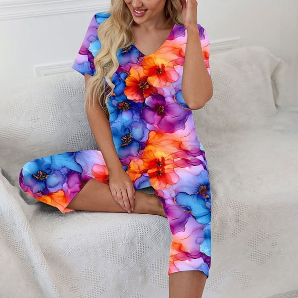 Tidyack,Steep Discounts,Solid Color V Neck Sleepshirt Set, Lace Splicing Loungewear, Pockets, Short Sleeve Top, Pullover Bottom, For Women, Casual Wear, Soft Fabric, Nightwear, Home Comforts