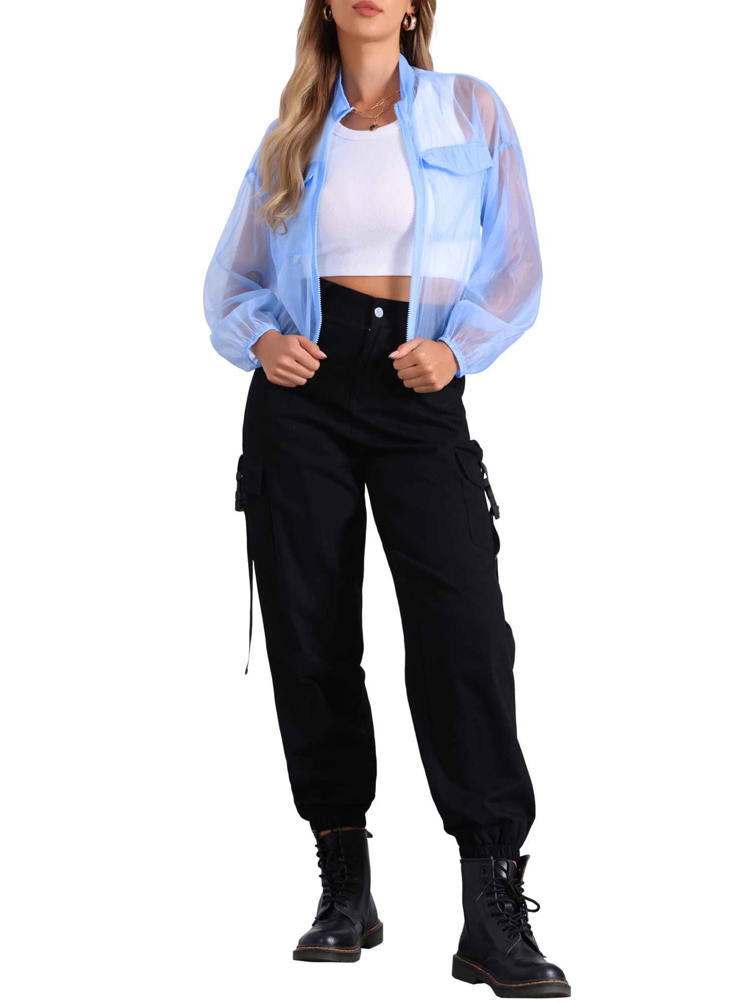 INSPIRE CHIC Women's Sheer Bomber Jacket Mesh Mock Neck Zip Up