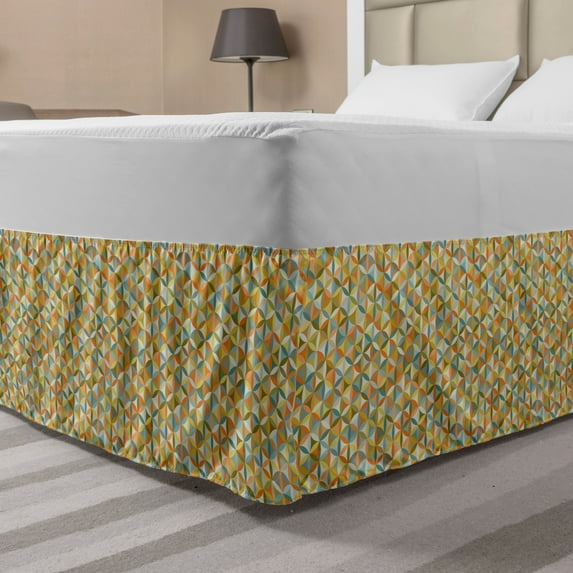 Abstract Bed Skirt, Circular Interlace Inner Rounds Oval Shaped Overlapping Vintage Forms Design, Elastic Bedskirt Dust Ruffle Wrap Around for Bedding Decor, 4 Sizes, Multicolor, by Ambesonne