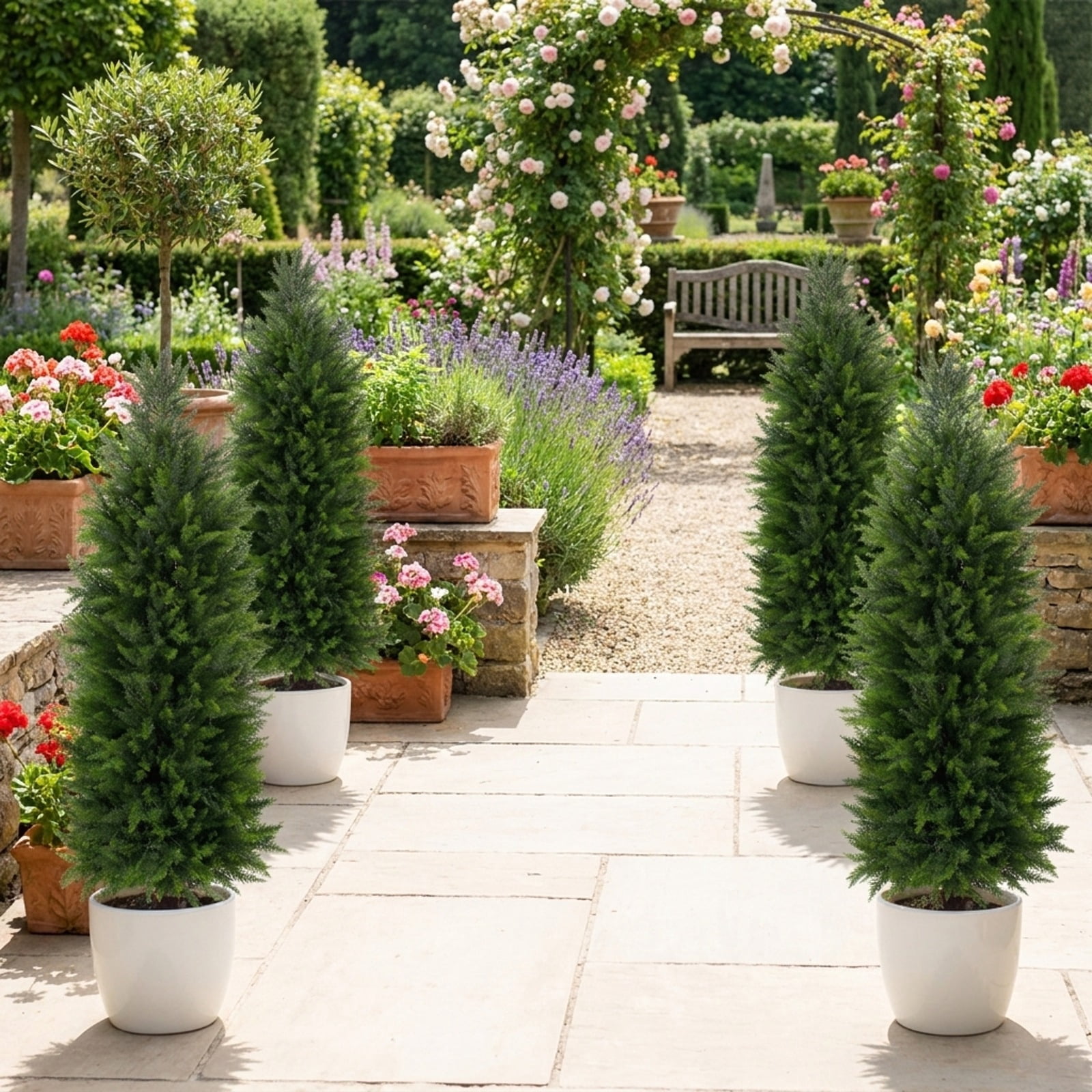 Vebreda Artificial Plant Decor, 4 FT Artificial Topiary Tree Set of 2 Faux Cedar Cypress Plants in Cement-Filled Pots, Lifelike Greenery Display