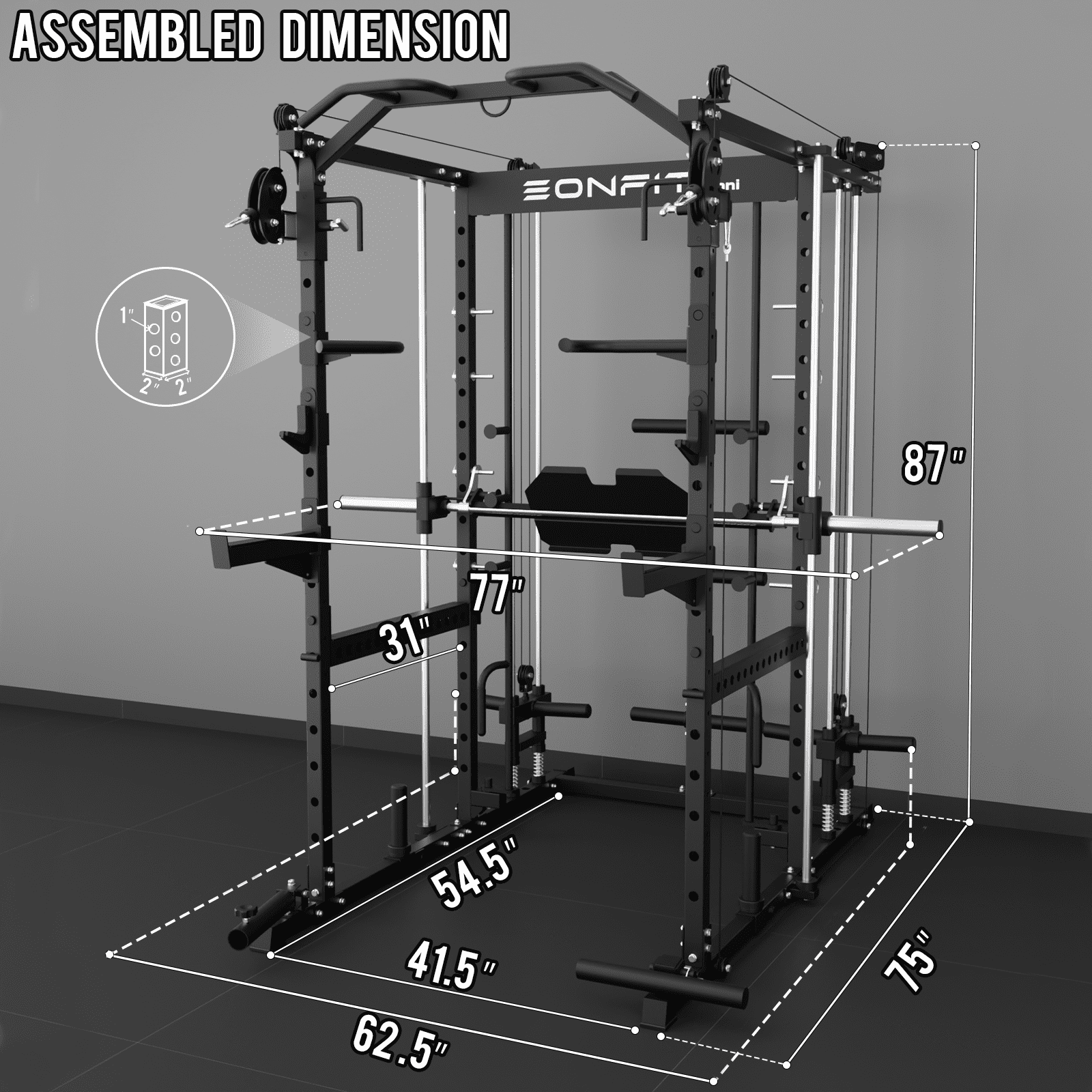 Eonfit E5 Smith Machine with Vertical Leg Press, Power Cage Squat Rack with LAT-Pull Down Cable Crossover Rotating Arms System Home Gym Equipment All in One (E5 BLK)
