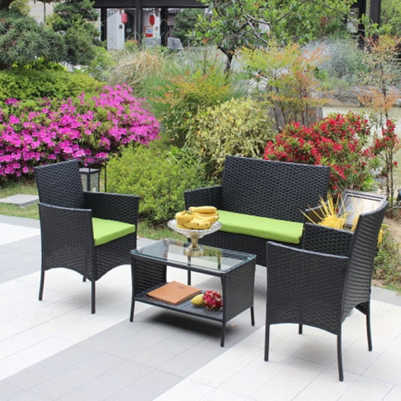 Nmkwnr Rattan Patio Green Cushion Patio Wicker Sofa Chair with Coffee Table Set