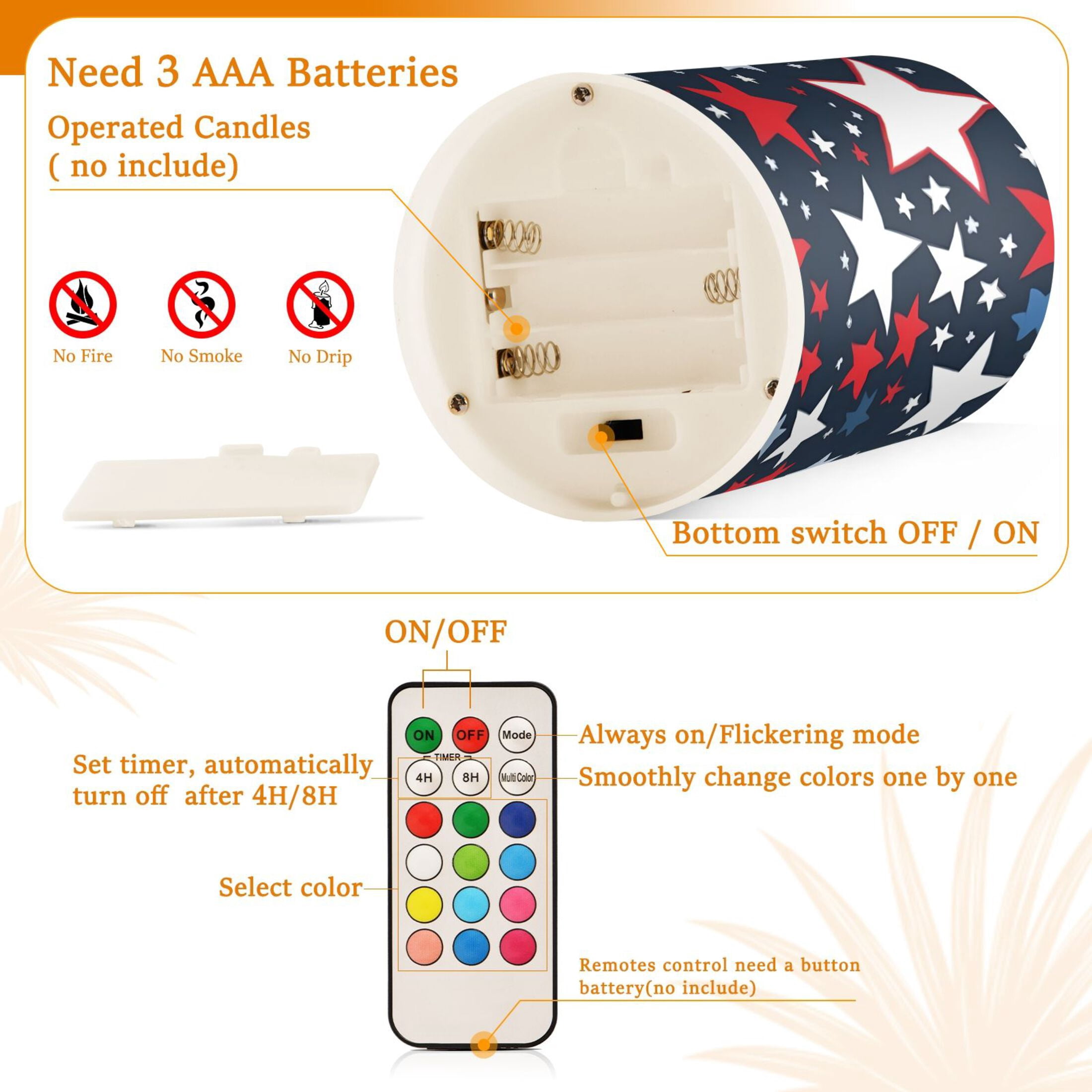 Red White Blue Stars Flameless Candles with Remote Timer LED Battery Operated Flickering Candle Light for Festival Wedding Home Party