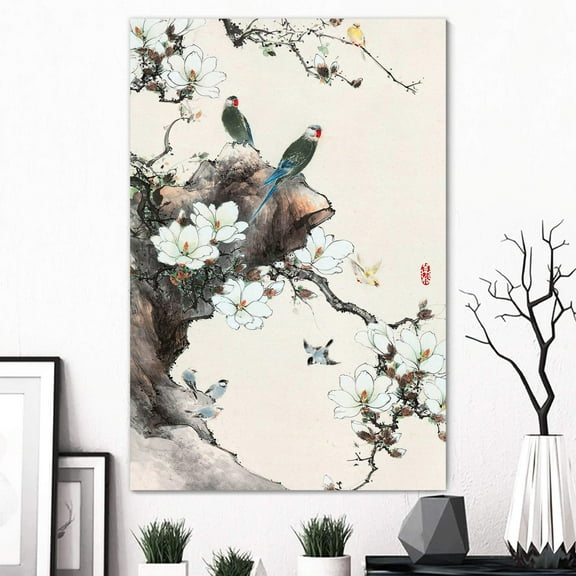 wall26 Canvas Wall Art of Blue Birds Almond Blossoms Oriental Style | 32x48 inches