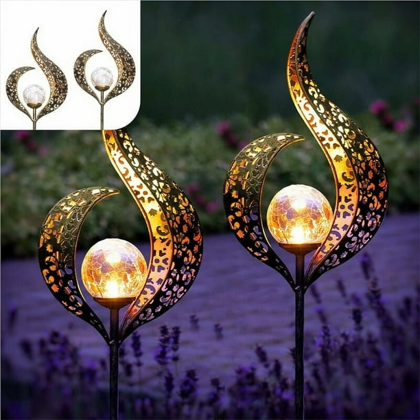 Luces solares elegantes para jardín, globo de vidrio craquelado y estaca de bronce para exteriores, luces de metal impermeables con LED blanco cálido, iluminación decorativa para caminos de patio,