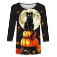 thumbnail image 4 of VKOYWKM Women Halloween T-Shirts 3/4 Sleeve Pumpkin Black Cat Graphic T Shirts Fall Crew Neck Halloween Costumes, 4 of 4