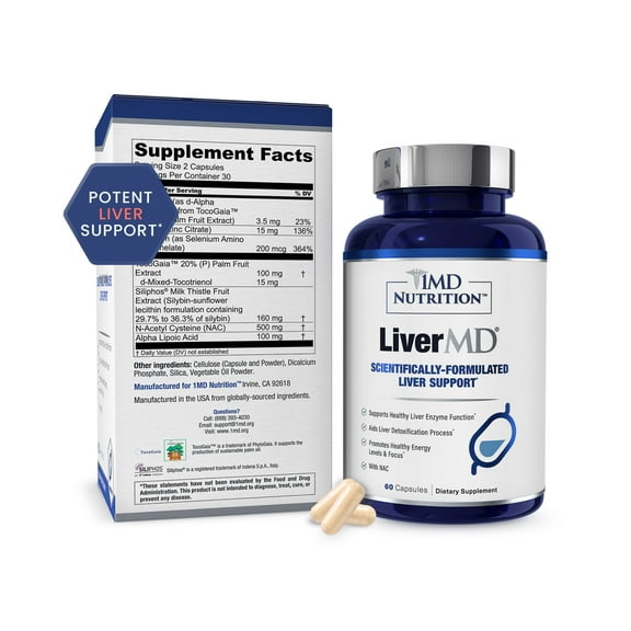 1MD Nutrition LiverMD - Liver Cleanse Supplement | Siliphos Milk Thistle Extract - Highly Bioavailable, Clinically Studied for Liver Detox | 60 Capsules