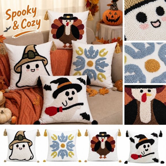Halloween Throw Pillow Covers 18x18 Inch, Ghost Spooky Decorative Square Pillowcases, Farmhouse Holiday Cushion Covers for Couch Sofa Living Room Bedroom Outdoor Home Decor