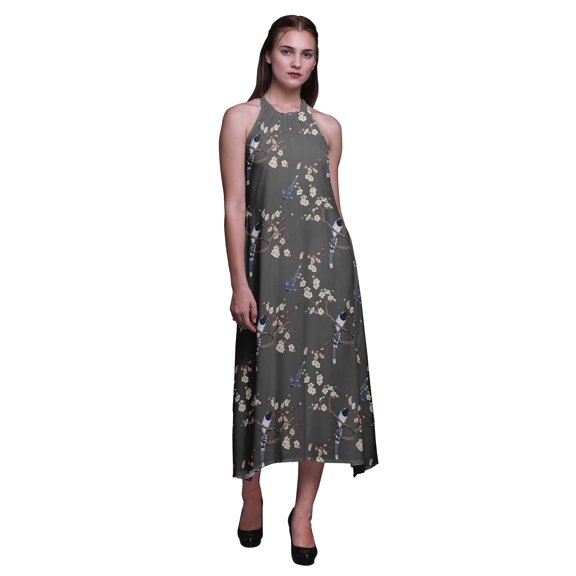 Bimba Bird Causal Long Backless Halter Neck Dress Women Printed Beach Dress-Large