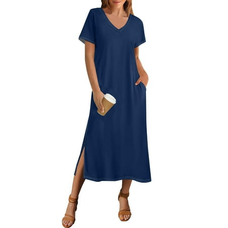 Nokdvo Vintage Dress for Women 2025 Boho Beach V Neck Dress Short Sleeve Flowy Sun Dress Tropical Floral Pockets Coverup Swimsuit Dark Blue M