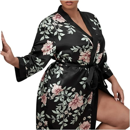 

Women Long Sleeve Floral Silk Robes Cover up Bridesmaids Short Satin Sleepwear Loose Belted Night Robe Plus Size