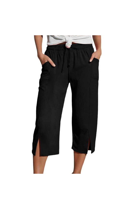 Womens Summer Casual Loose Pleated Capri Pants Elastic Waist Split Leg Cropped Beach Trouses With Front Pocket