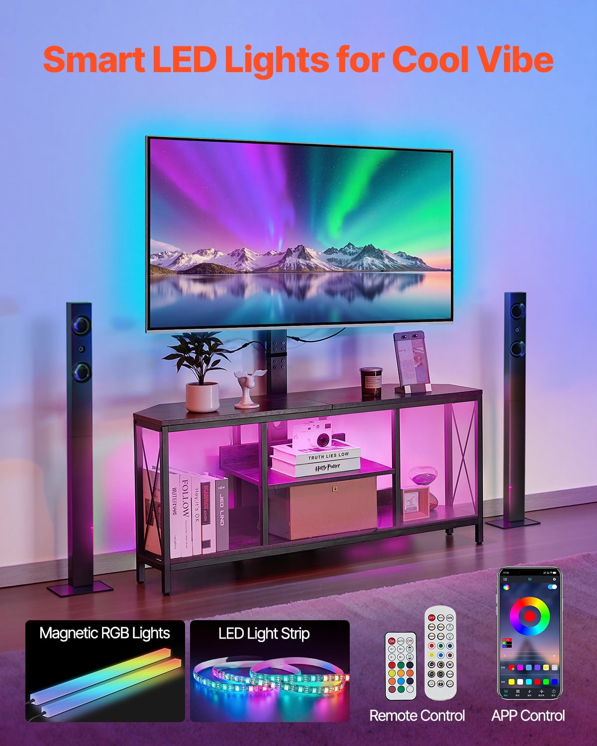 KFFKFF 45" Television Stand Suits 75", TV Console with Power Outlet and LED Lighting, Swivel TV Mount with 3-Level Height, Ideal for Bedrooms and Living Rooms