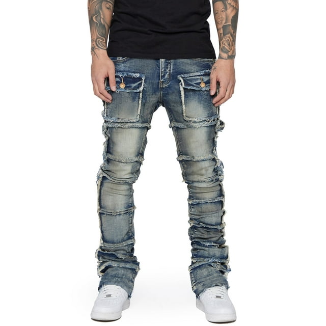 Gupgi Men's Slim Fit Ripped Jeans Distressed Patchwork Stacked Straight Leg Stretch Denim Pants with Pockets