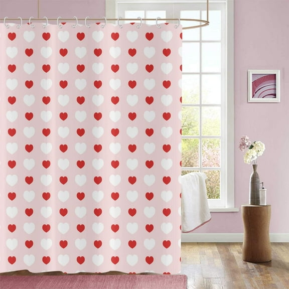 Valentine''s Day Shower Curtain, Weighted Bottom Romantic Love Theme Pink and Red Little Heart Fabric Bathroom Curtain Home Decor Waterproof Washable with 12 Hooks,72"x72"