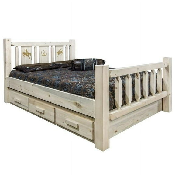 Homestead Collection Queen Storage Bed w/ Laser Engraved Bronc Design, Clear Lacquer Finish