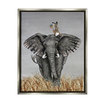 Stupell Industries Elephant & Rabbit Landscape Animals & Insects Painting Gray Floater Framed Art Print Wall Art, 17 x 21
