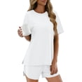thumbnail image 4 of Two Piece Short Sets for Women Casual Summer Pajama Set Short Sleeve Crew Neck Lounge Matching Set, 4 of 6