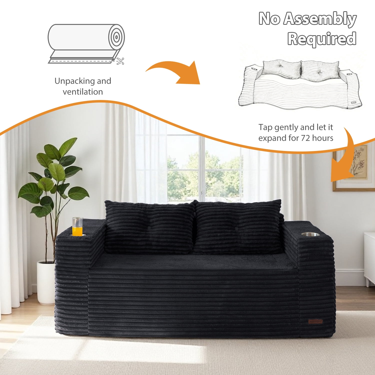 BYBYME 63" Corduroy Cloud Floor Sofa,Modular Comfy Small Cloud Couch for Small Spaces,Boneless Sofa for Living Room,No Assembly,Loveseat,Black