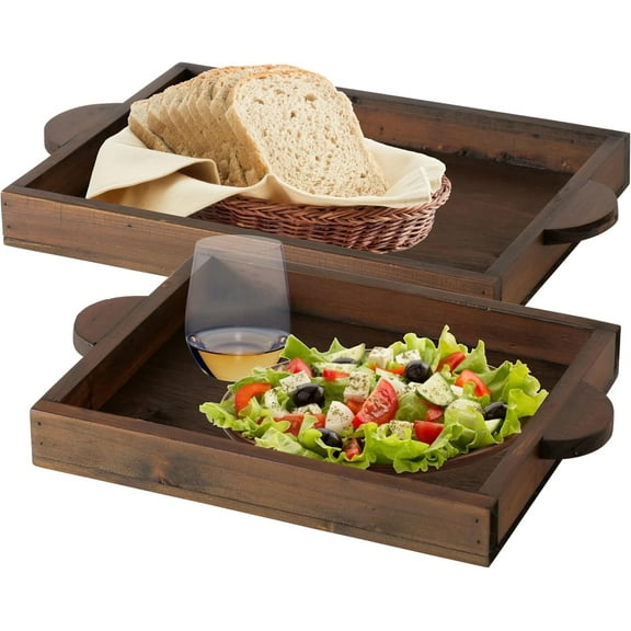 Rustic Wooden Trays, Set of 2, Rectangular, Half Moon Handles, Decorative, Dark Brown Stain, 16 and 12.25 Inches
