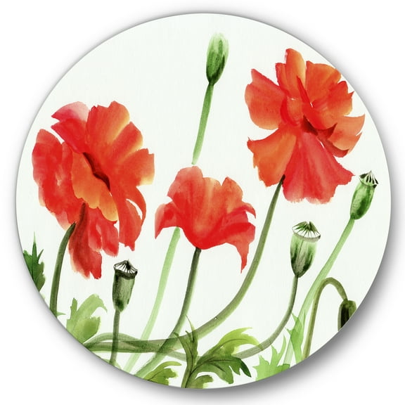 Designart 'Ancient Red Poppies III' Traditional Circle Metal Wall Art 36x36 - Disc of 36