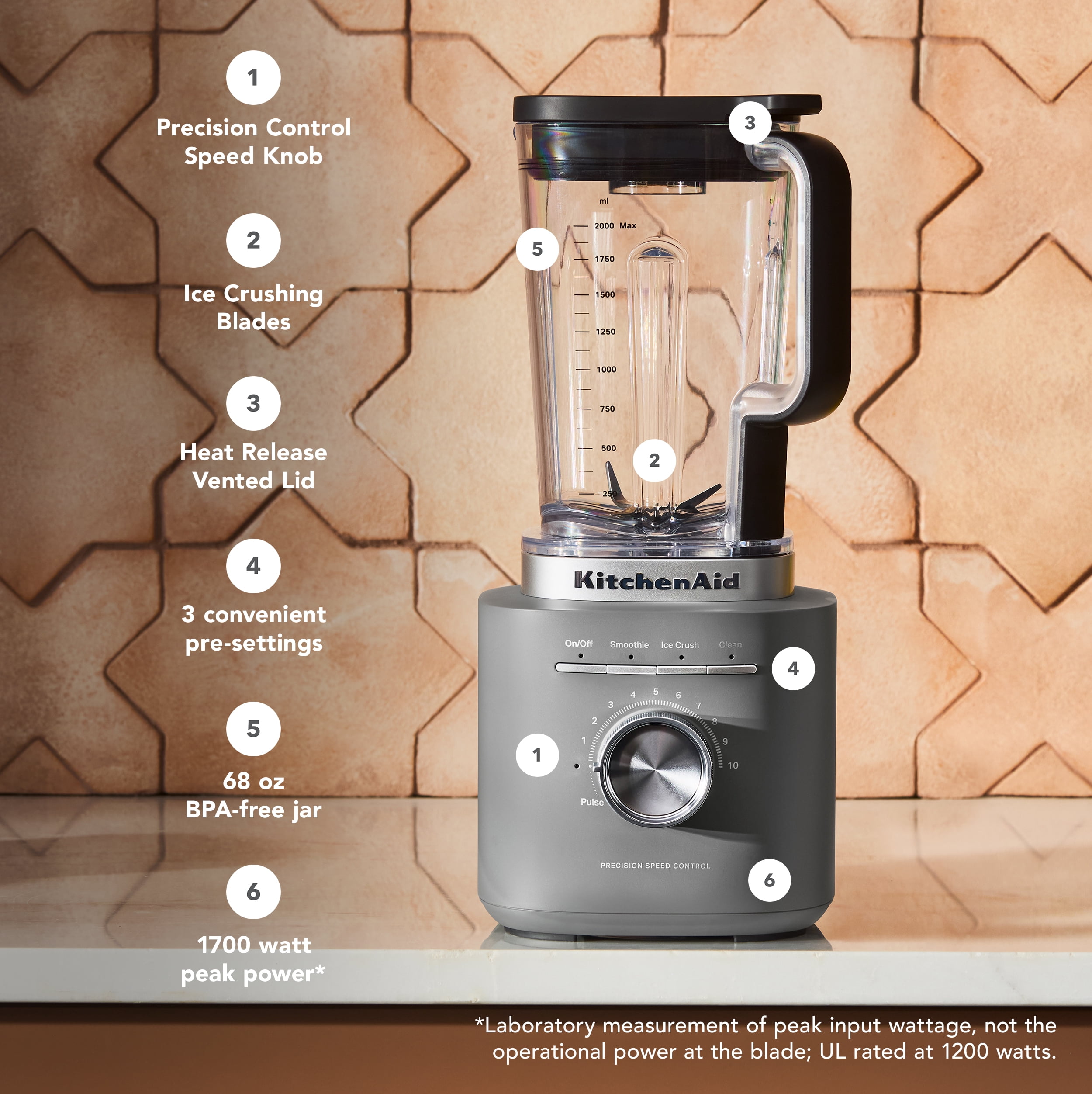 KitchenAid 68 oz Pure Power Blender, 1700 Watt Peak Power*, Matte Charcoal Grey