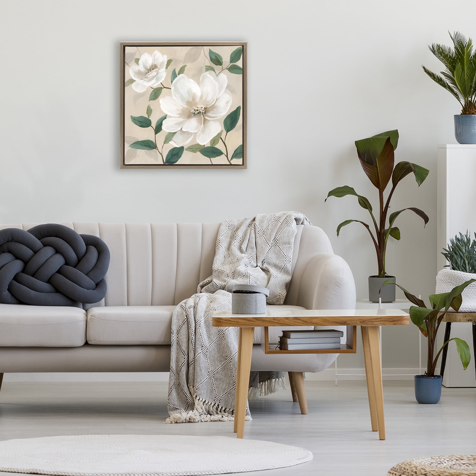 Stupell Industries Serene White Blossom with Leaves Brown Framed Floater Canvas Wall Art, design by Nan