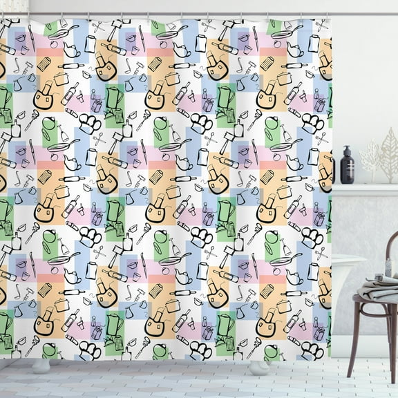Ambesonne Abstract Shower Curtain, Kitchen Stuff Cuisine, 69"Wx84"L, Multicolor