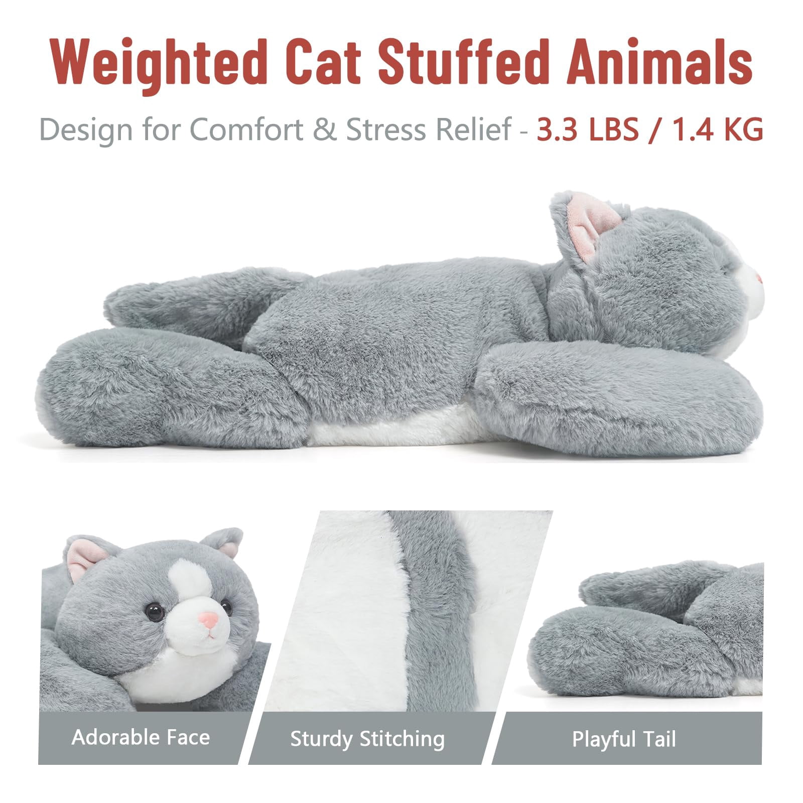 Niuniu Daddy Weighted Cat stuffed animal,20" Giant Anxiety Grey Stuffed Cat Plush Toy,3.3-Pound Sensory Large Cat plushie Pillow Birthday Christmas Gift for Girls,Boys&Adults, Include Bag Sticker Car