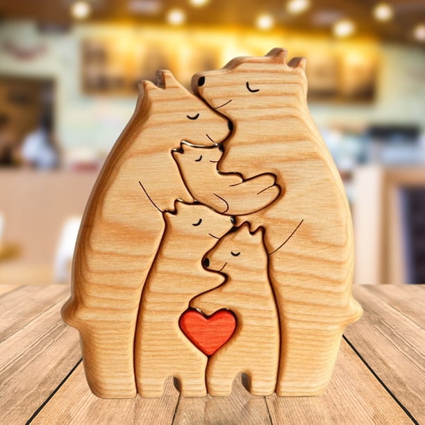 Rompecabezas familiar de madera con osos linda familia de animales estatua de madera en forma de corazón