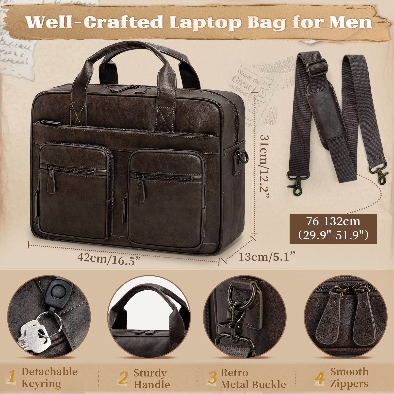 RAINSMORE 15.6 Inch Messenger Bag for Men Vintage PU Leather Laptop Bag Waterproof Computer Briefcases for Men Retro Mens Briefcase Satchel Bag for Work Office Business Travel,Coffee