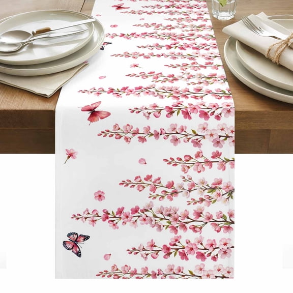 Butterfly Flower Table Runner - 72 Inch Long, Kitchen Dining Table Runner Dresser Scarves, Watercolor Farmhouse Country Pink Floral Farmhouse Decor for Coffee Tables Wedding Party Banquet