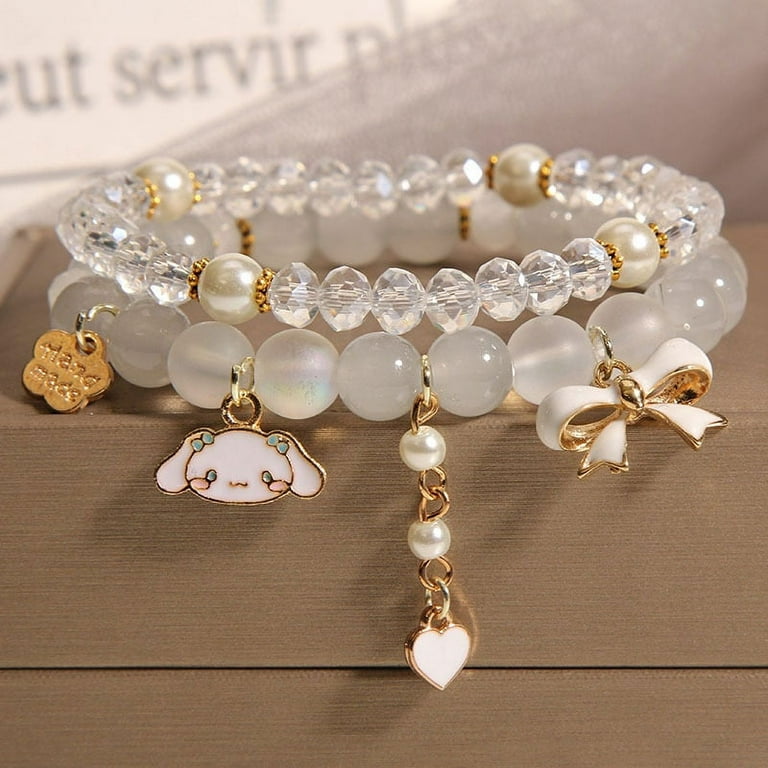 Tosiker 8 Pieces Kitty Bracelets Set, Sanri Crystal Pearl Bracelets, Cute  Cartoon Elastic Beaded Bracelets, Kitty Themed Pendant Bracelets for Girls