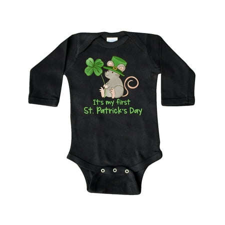 

Inktastic It s My 1st St. Patrick s Day Cute Mouse with Clover Gift Baby Boy or Baby Girl Long Sleeve Bodysuit