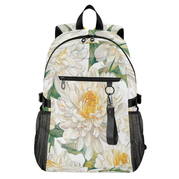 Full‑Print Casual Laptop Backpack, 20L Water‑Resistant Twill Tote Daypack with 14 Inch Computer Compartment for School Business Travel Chrysanthemums White