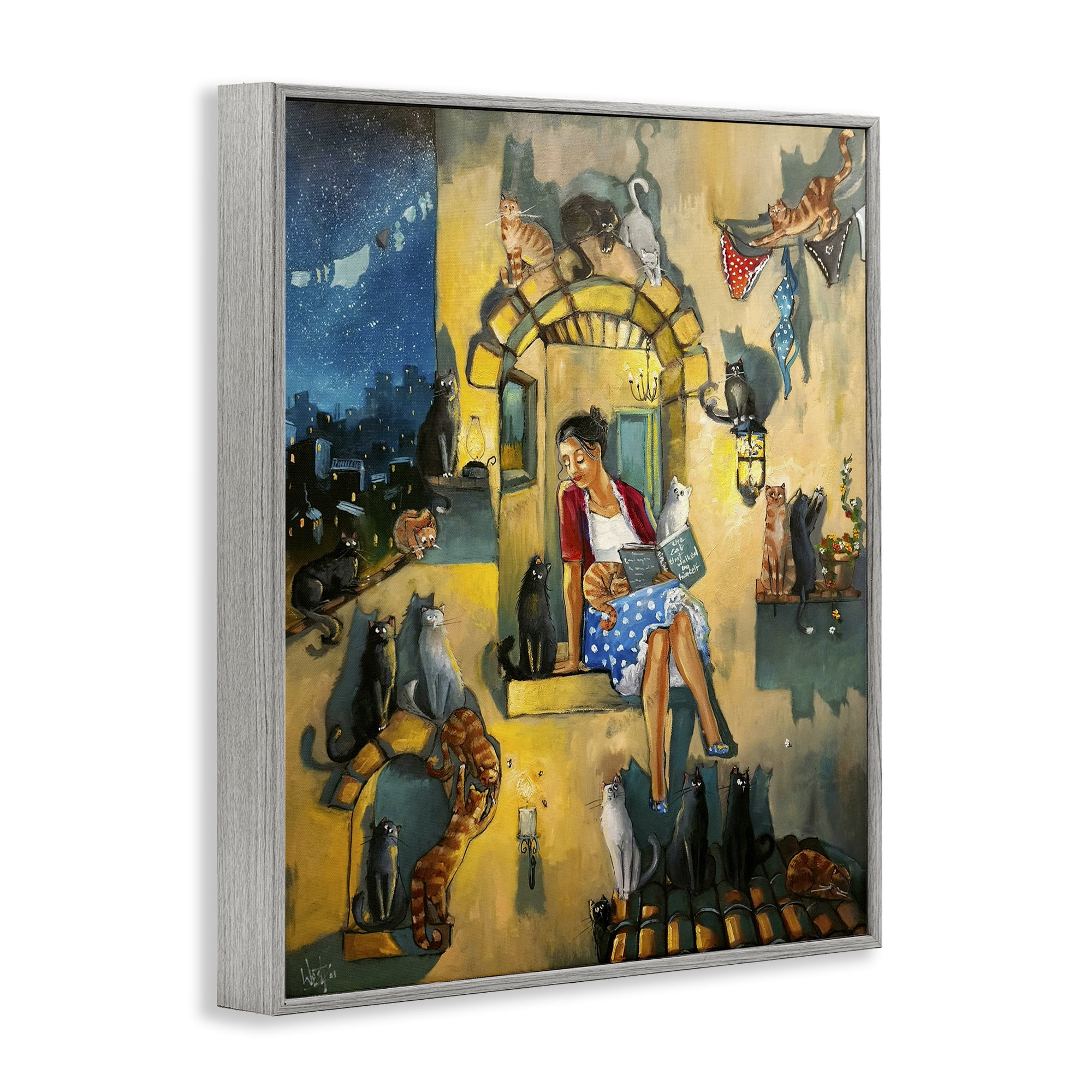 Stupell Industries Window Scene with Cats Town & City Painting Gray Framed Art Print Wall Art, 24 x 30