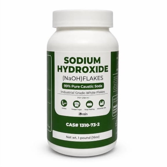 iDrain Sodium Hydroxide (NaOH) Flakes 99.68% Pure Caustic Soda Lye, Industrial Grade for Drain Cleaning, Degreasing, Water Treatment, Soap Making and Biodiesel, Resealable Container, 1 lb