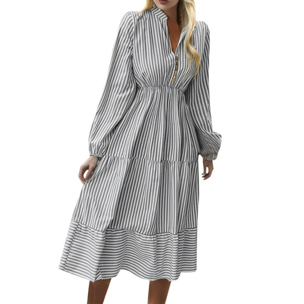 Gibobby Vestidos de sueter Vestidos casuales a para mujer, vestido largo Vintage para mujer con mangas, vestido de vacaciones de ocio, vestido de columpio a(Gris,CH)