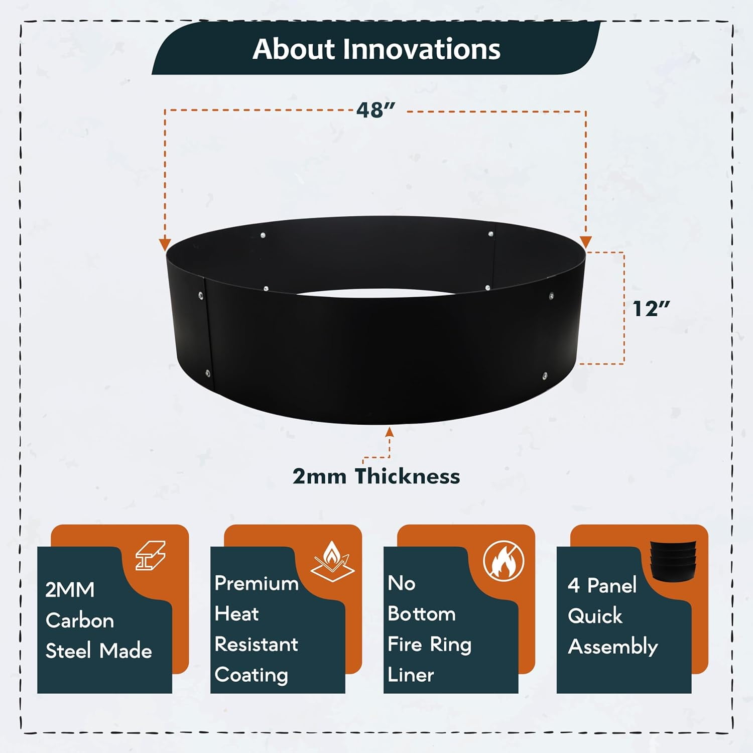FEBTECH - 48" Portable Firepit Ring Liner - 2MM Carbon Steel DIY Fire Ring for Outdoor Fire Pits - Above-Ground or In-Ground Fire Ring Insert for Backyard Bonfires, Camping