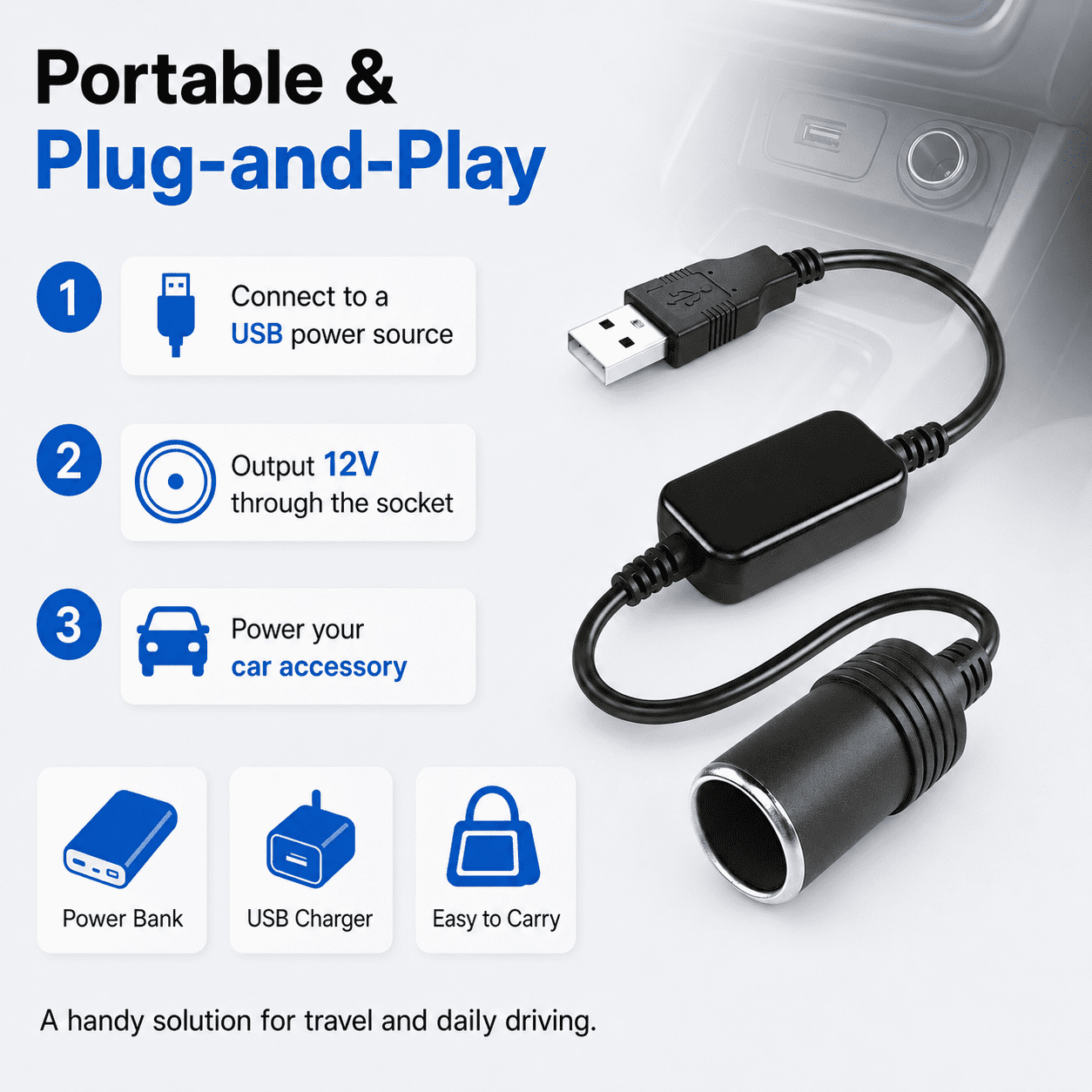 Slaprin USB to Cigarette Lighter Socket Converter for Car,USB A Male 5V to 12V Step Up Car Cigarette Lighter Female Adapter Cable for Car Driving Recorder,GPS,E-Dog