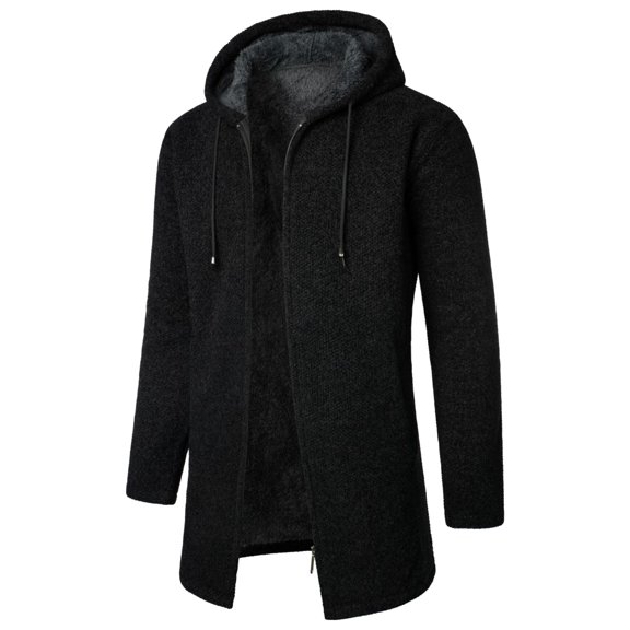 DHFJKG Mens Zip Up Hooded Sweater Jackets With Thick Fuzzy Lining Mediun Length Solid Color Warm Cardigan Knitted Hoodies Coat Soft Outerwear