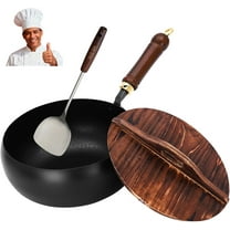Jinswhdre Cast Iron Skillet, Jinswhdre Wok, Jinswhdre Cast Iron Pan, Hand-Forged Non Stick Iron Wok with Lid, Uncoated Iron Pan, Woks & Stir-Fry Pans Nonstick (A-Wood Lid, 11in/28cm)