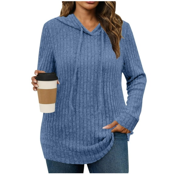 Wensltd Womens Plus Size Ribbed Hooded Pullover Long Sleeve Sweatshirt with Drawstring Cozy Casual Winter Top