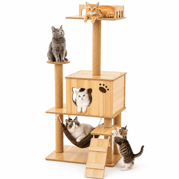 Wooden Cat Tree for Indoor Cats, 52.8" Multi-Level Cat Tower with Cat Condo, Hammock, Ladder & Sisal Scratching Posts, Stable Cat Activity Center for Large Cats